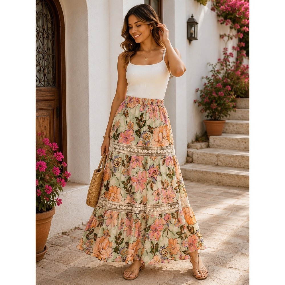 Z&L Europe Women Tropical Floral Crochet Lace Tiered Maxi Skirt Green Orange L